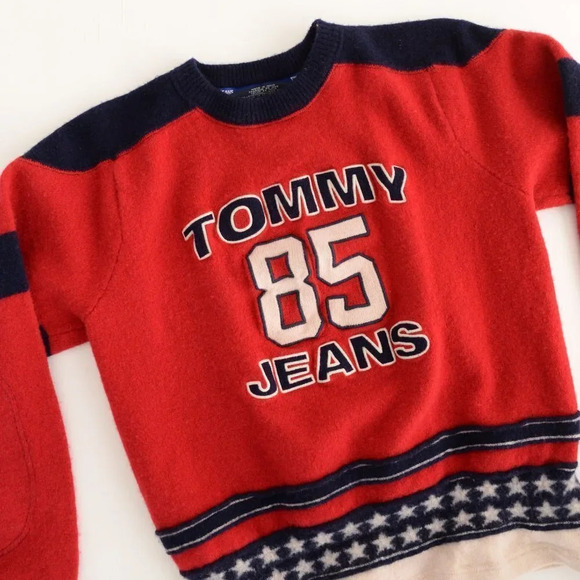 Vintage Tommy 85 Jeans Red & Blue 100% Lambswool Crewneck Sweater - Picture 10 of 15